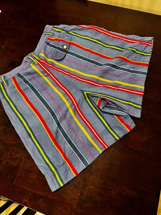 Vintage Lizwear High Waisted Rainbow Striped Pleated Denim Shorts size 12 - Picture 8 of 11